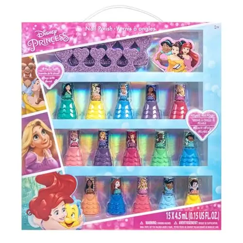 Townley Girl Disney Princess 15-piece water-based nail polish set for kids with multiple colors and toe spacers