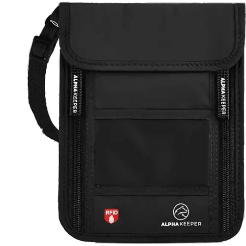 Alpha Keeper Black ultra-slim travel neck wallet with RFID blocking