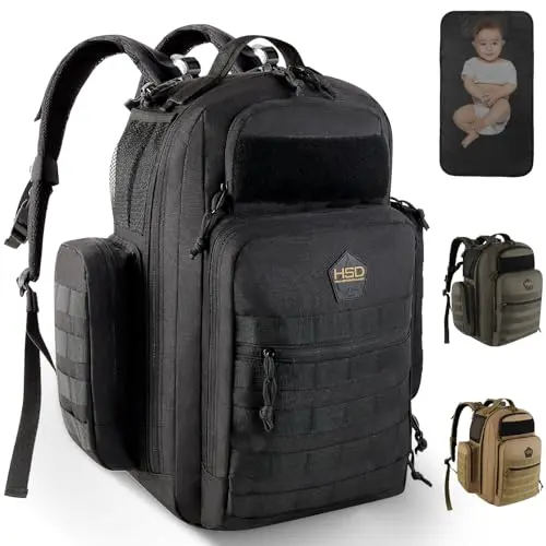 HighSpeedDaddy military-style black diaper backpack with MOLLE webbing and rubber feet.