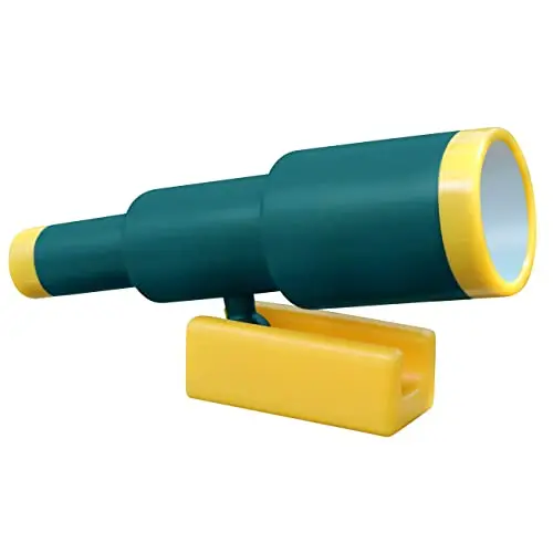 Green plastic pirate telescope mounted on a wooden playset post