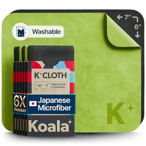 Pack of six black and green Koala microfiber lens cleaning cloths