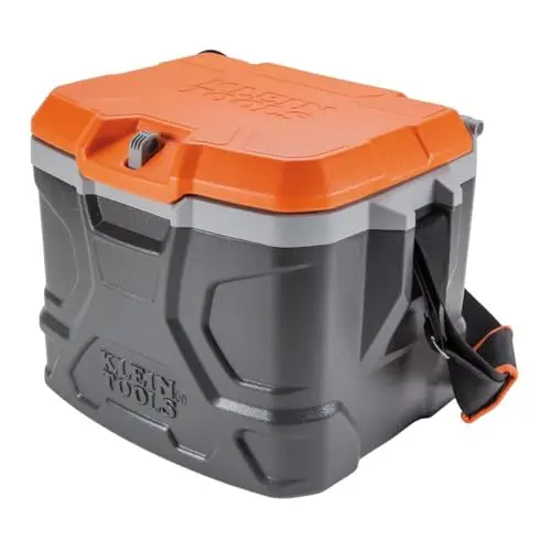 Klein Tools 55600 Work Cooler in gray and orange, showcasing its sturdy construction and interior compartment