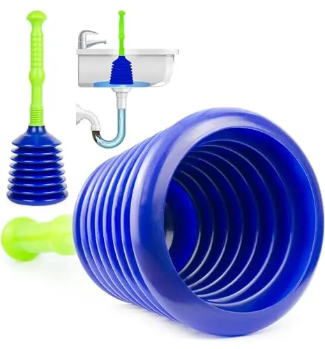Luigi's blue and white sink plunger with large bellows for powerful suction