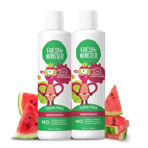 Two bottles of Fresh Monster 2-in-1 watermelon-scented shampoo and conditioner