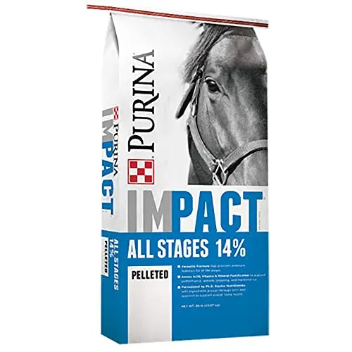 Purina Impact All Stages pelleted horse feed bag