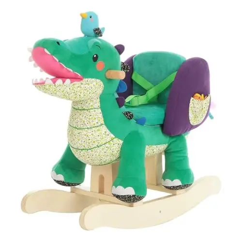 labebe green crocodile plush rocking horse with crinkle sounds and pockets