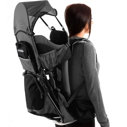 LUVDBABY black and grey hiking backpack baby carrier with sun visor