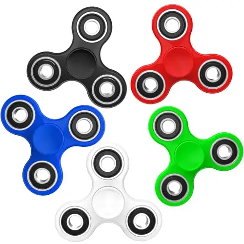 A pack of five colorful SCIONE fidget spinners in red, green, white, blue, and black.