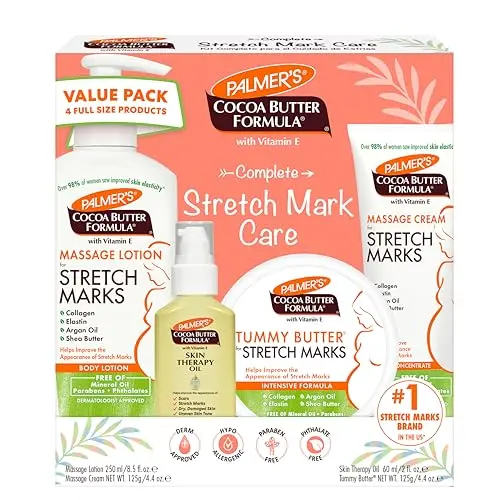 Palmer's Cocoa Butter Formula Pregnancy Skin Care Kit with four full-size products: lotion, cream, butter, and oil.