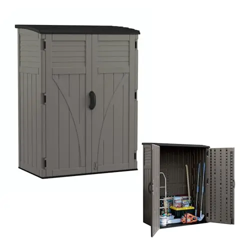 Suncast vertical resin outdoor storage shed in gray with double doors