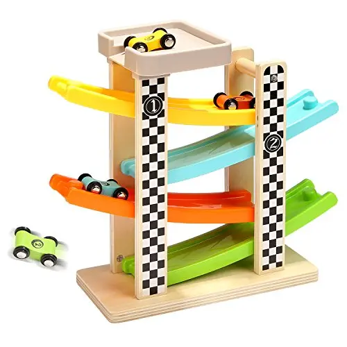 Sun Top wooden race track ramp with four mini cars and parking lot