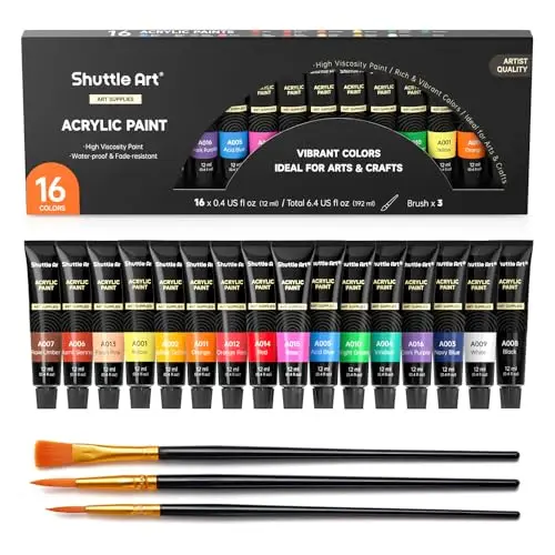Shuttle Art 16-color acrylic paint set with brushes