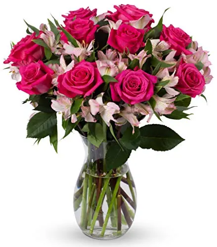 Benchmark Bouquets fresh pink roses and alstroemeria bouquet in a glass vase