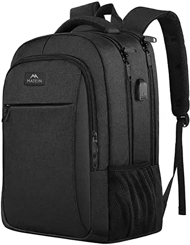 MATEIN black laptop backpack with USB port and multiple zippered pockets