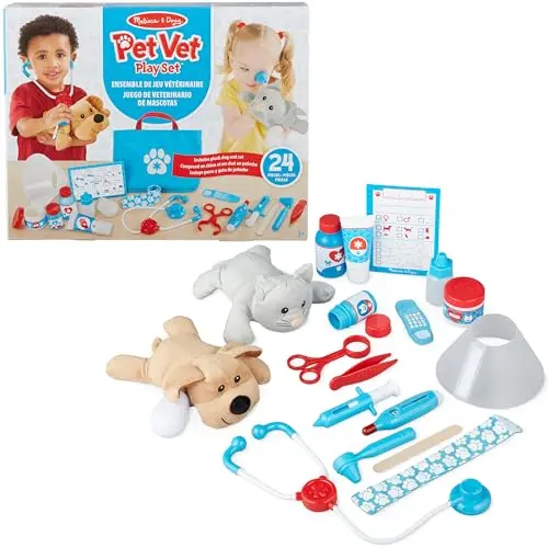 Melissa & Doug pet vet play set with plush dog, cat, and medical tools in a portable tote.