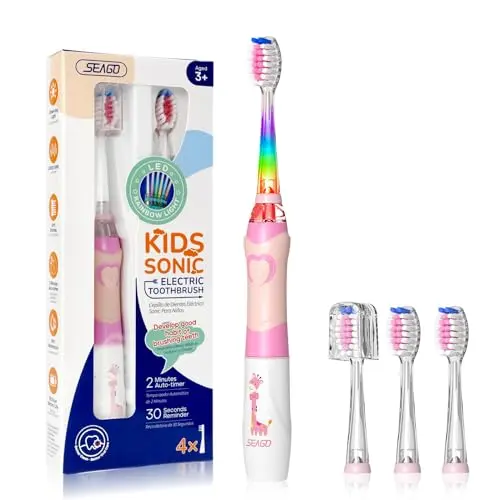 SEAGO pink kids electric toothbrush with rainbow LED light