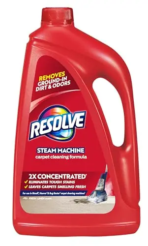 Resolve Professional Steam Carpet Cleaner solution bottle next to a clean carpet