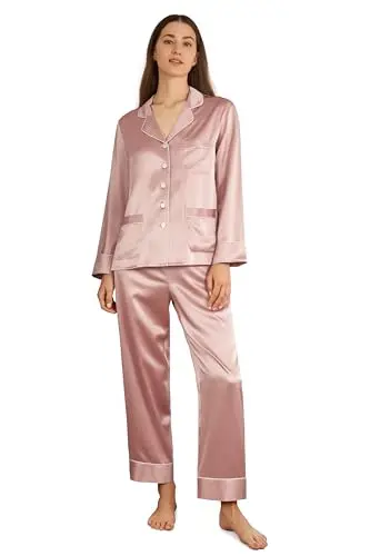 LilySilk women's long silk pajamas set with V-neck and white trim