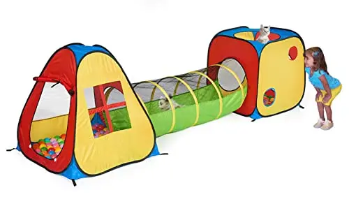 UTEX red and yellow play tent with square tent, teepee house, and long tunnel