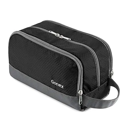 Black nylon toiletry bag with breathable mesh compartments and side handle
