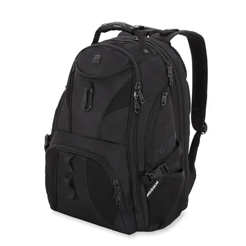 SwissGear black scansmart backpack with red accent, open on a table