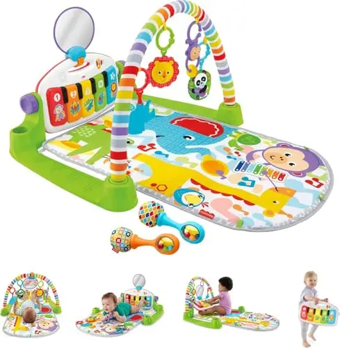 Fisher-Price Deluxe Kick & Play Piano Gym with light-up keyboard and multiple toys on a soft mat