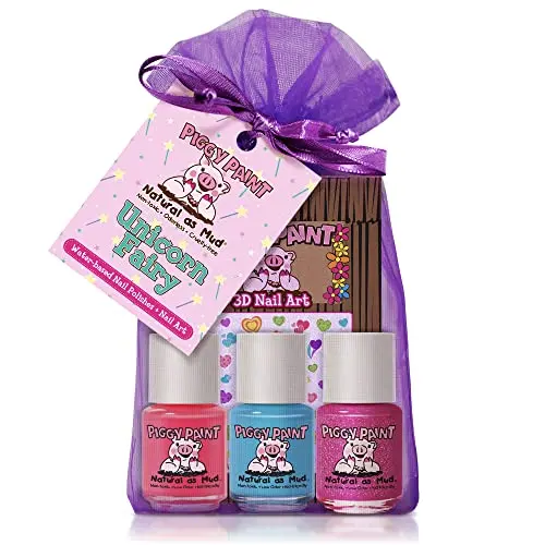 Piggy Paint Unicorn Fairy Gift Set with three nail polish bottles and heart nail art