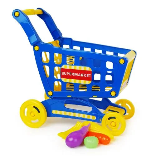 Boley green and blue plastic toy shopping cart with pretend food accessories like a banana and milk carton.