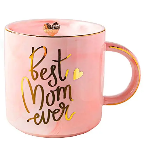 VILIGHT pink marble ceramic coffee mug with 'Best Mom Ever' gold script