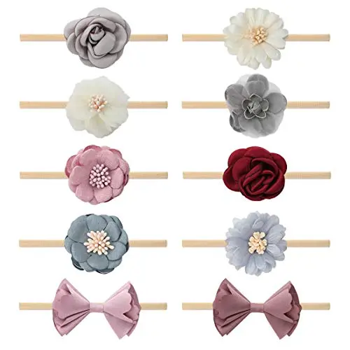 Subesty set of 10 soft nylon flower and bow headbands for baby girls