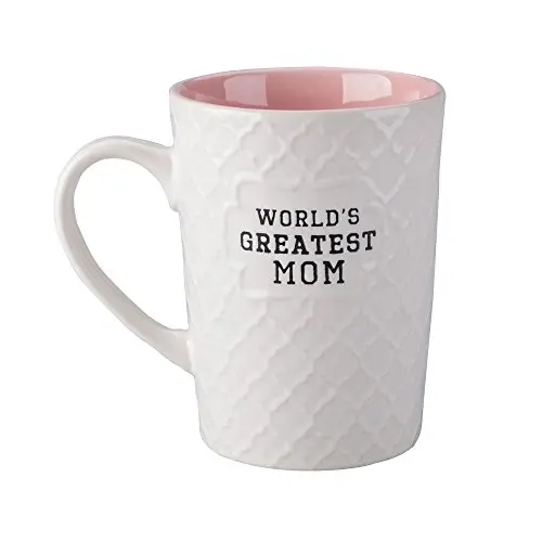 Ynsfree white ceramic mug with 'World's Greatest Mom' text and a raised geometric pattern