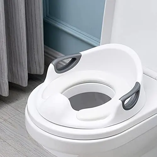 VIBOE Potty Training Seat in white, placed on an adult toilet, featuring a soft cushion and handles.