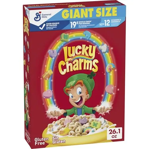 Giant size box of Lucky Charms Gluten-Free cereal with marshmallows
