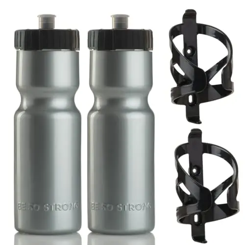50 Strong bike water bottle and plastic cage combo pack in silver
