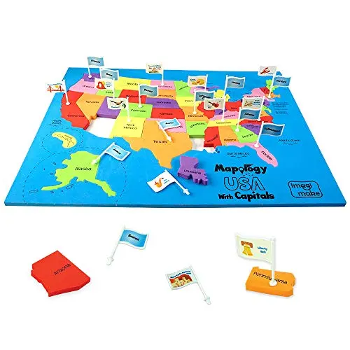IMAGIMAKE USA map puzzle with state-shaped pieces and flag markers for capitals