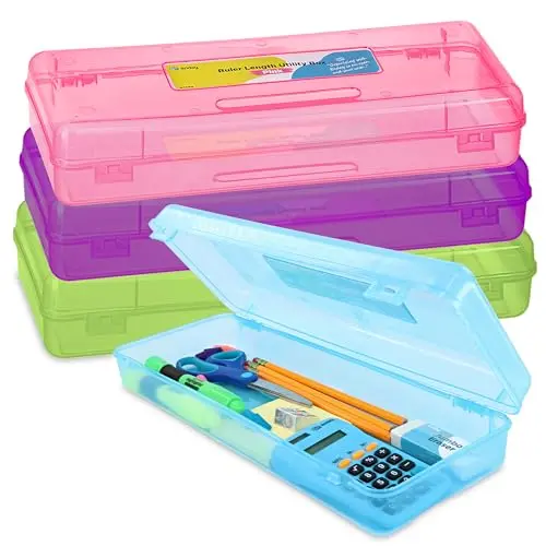 Emraw 4-pack of transparent plastic pencil boxes with ruler length design