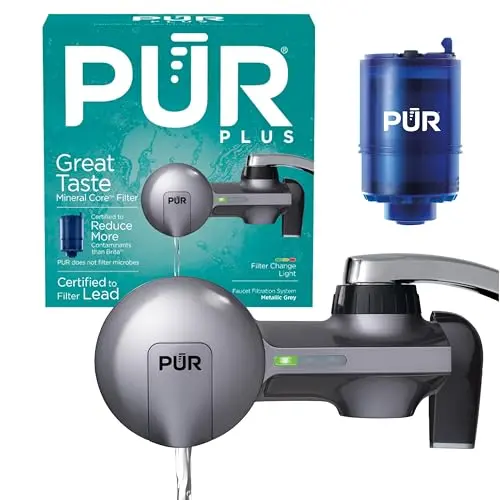 PUR horizontal faucet mount water filtration system in metallic grey