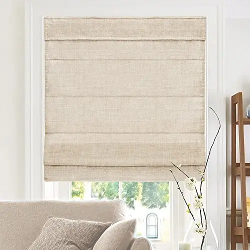 CHICOLOGY Belgian Flax Roman shade folded up in kitchen window