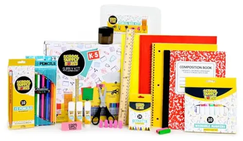 Classic school supply box with pencil box, markers, crayons, scissors, and notebooks