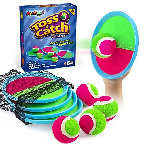 Ayeboovi toss and catch ball game with four green paddles and balls
