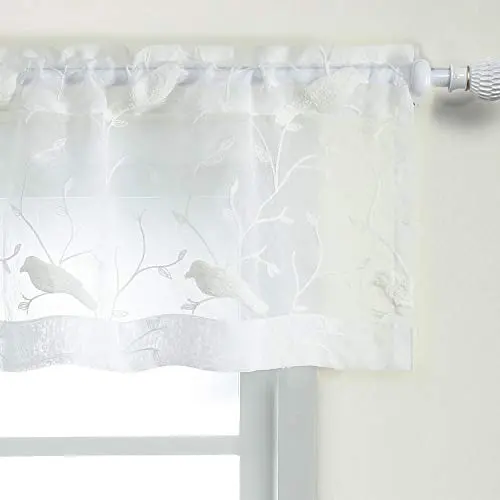 VOGOL White Embroidered Bird Valance on a kitchen window