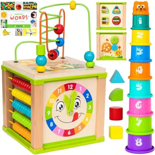 Toyventive Wooden Kids Baby Activity Cube with bead maze and shape sorter