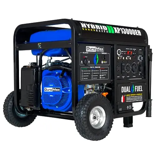 DuroMax large blue dual fuel generator with a 50-amp outlet and heavy-duty frame