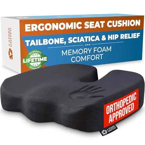 5 STARS UNITED black U-shaped memory foam seat cushion with a mesh cover, shown on an office chair.