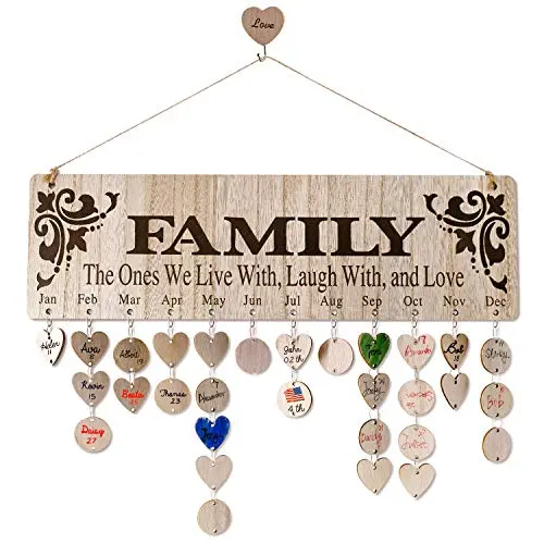 YuQi wooden wall calendar with hanging tags to track family birthdays and anniversaries
