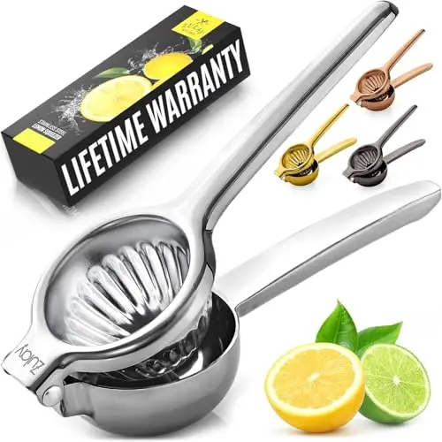 Zulay Kitchen stainless steel lemon squeezer with blue silicone sleeves