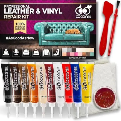 COCONIX Leather Repair Kit showing bottles of compound, color tints, and application tools on a table