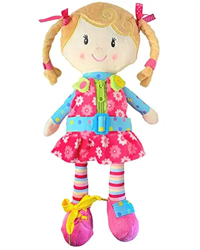 Snuggle Stuffs plush doll with practice zipper and hair bow for toddlers