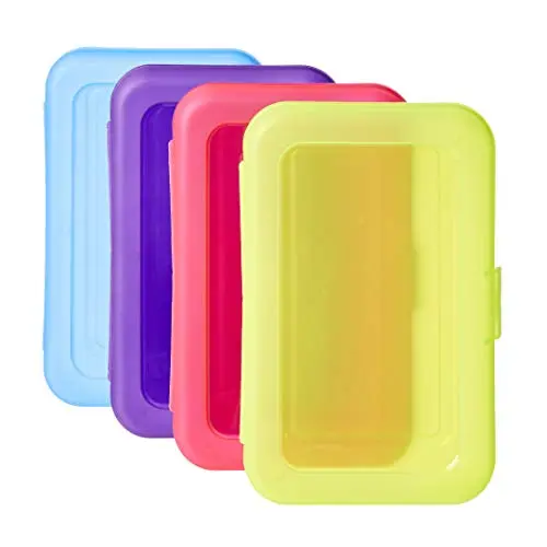 Amazon Basics 4-pack of large multi-colored plastic pencil boxes