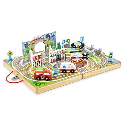 Melissa & Doug wooden take-along tabletop town with rescue vehicles and fold-out case